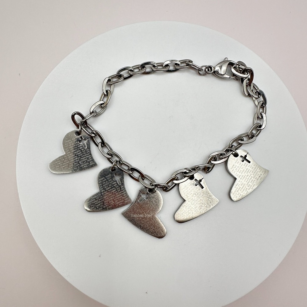 Vintage Silver Tone Chunky Chain Charm Bracelet Heart Cross Religious Faith Y2K